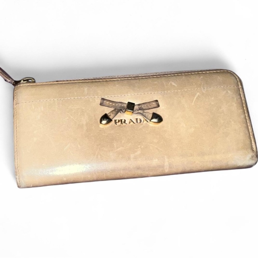 Prada Beige Leather Wallet with Bow Accent